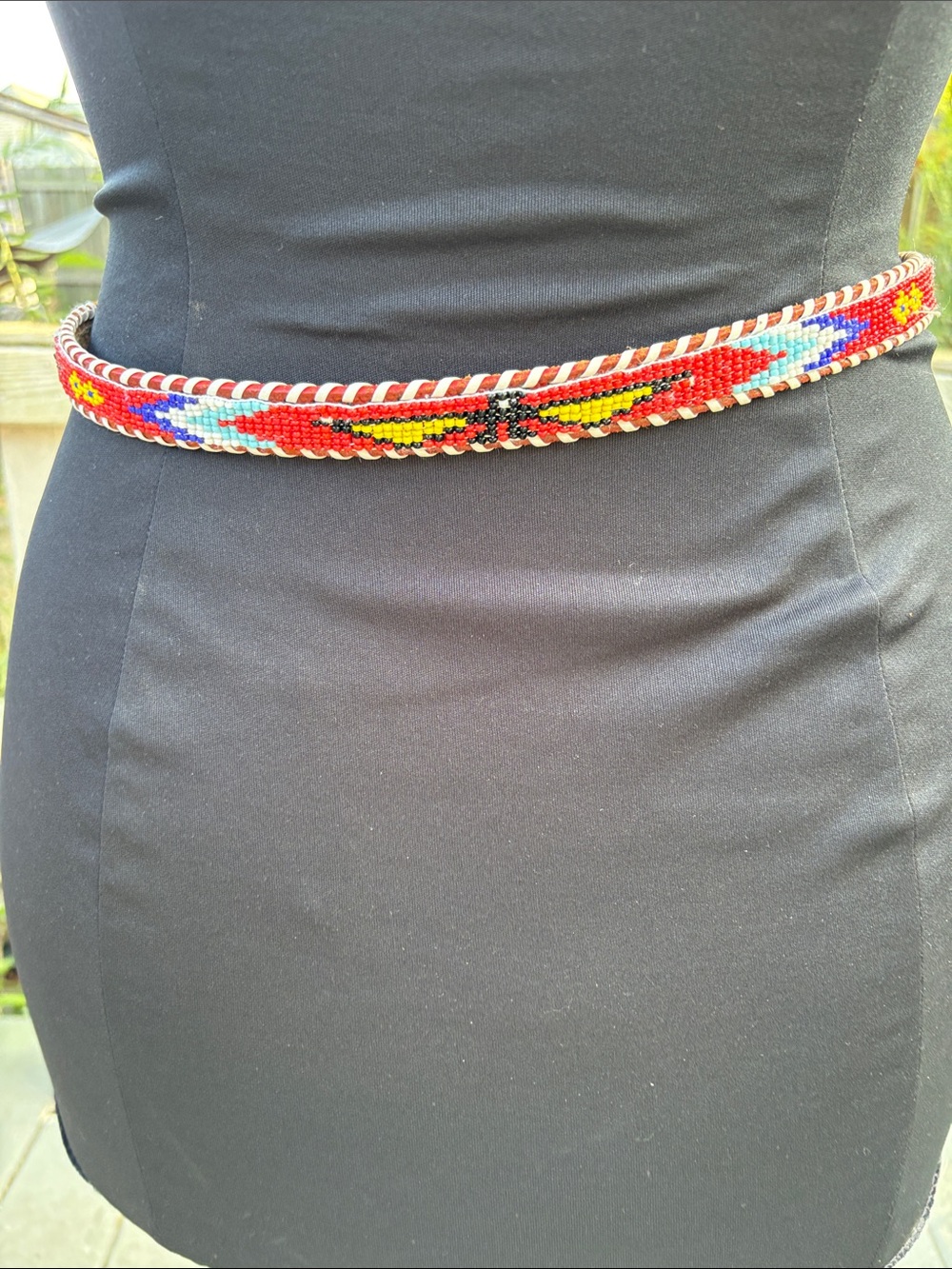 Vintage genuine leather Red Beaded Waist Belt Made in Hong Kong